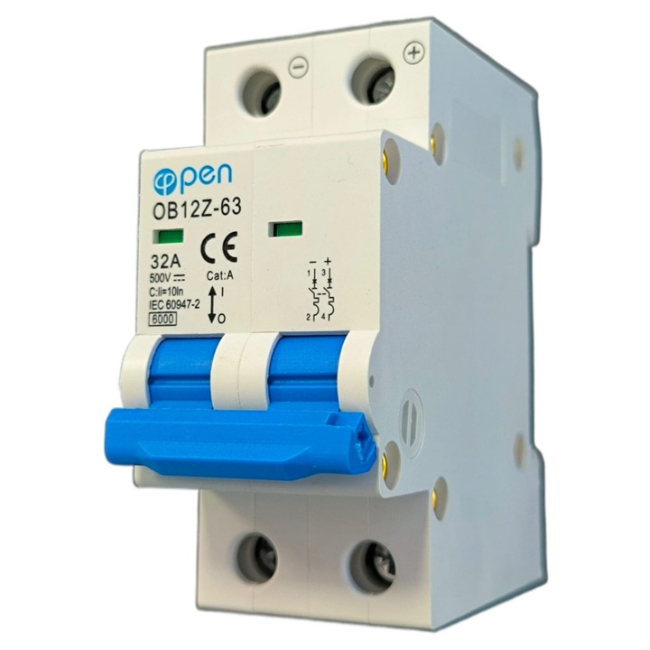 Siguranta Automata DC 32A, 2 Poli, 500V | Protectie Suprasarcina si Scurtcircuit | Montaj pe Sina DIN | Ideala pentru Sisteme Fotovoltaice si Aplicatii Industriale | OPEN