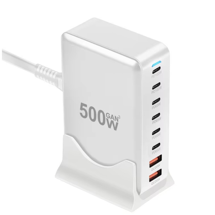 Statie de Incarcare Rapida 500W GaN III 8-in-1 QUANDES®, 6 USB-C PD 100W, 65W & 2 USB-A, Compatibila cu Laptop, MacBook, iPhone si Multe Alte Dispozitive Android, Portabila, Alb