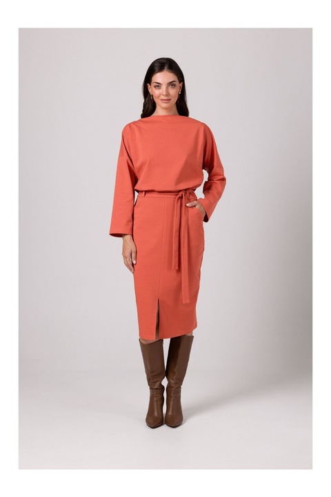 Rochie tip creion midi cu brau, BeWear, Rosu