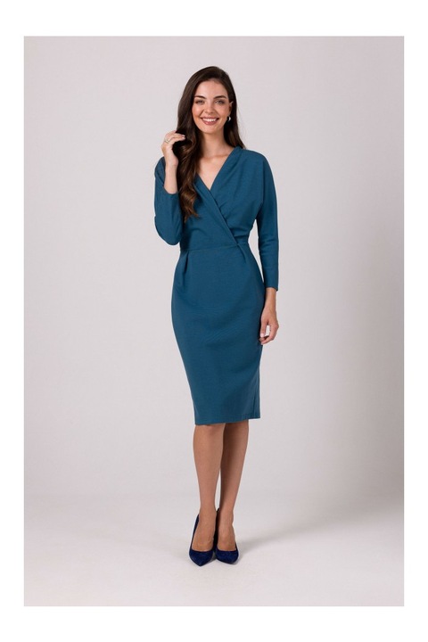 Rochie cu decolteu tip cache coeur, BeWear, Albastru inchis, M