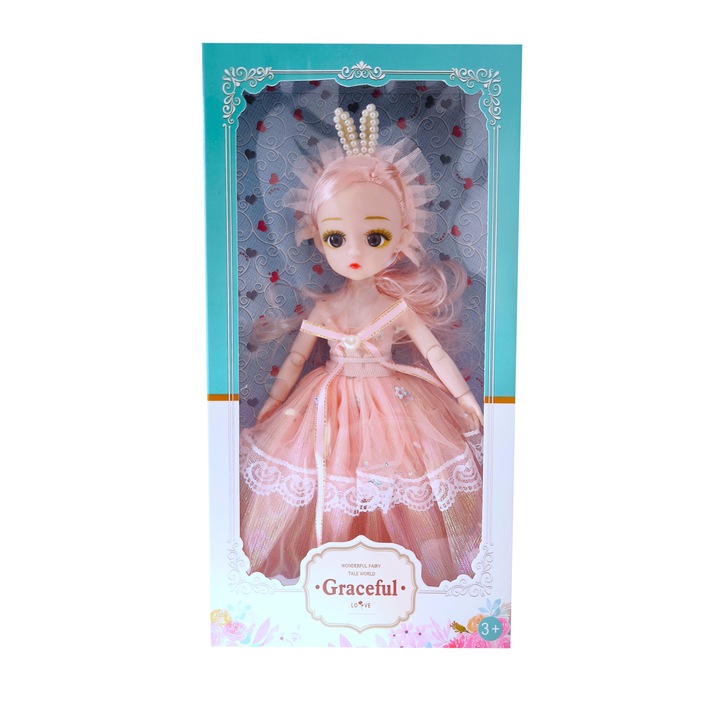 Princess baba Gyöngy tiarával nyúlfül formájú, 30 cm, mozgatható ízületek, rózsaszín