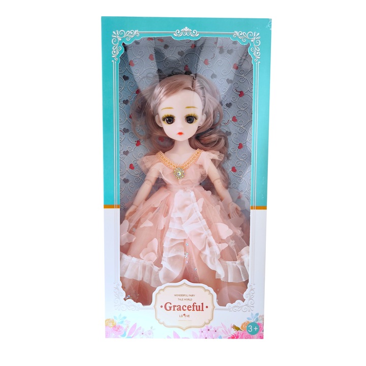 Princess baba rózsaszín ruhában pillangóval, 30 cm, mozgatható ízületek, lila haj