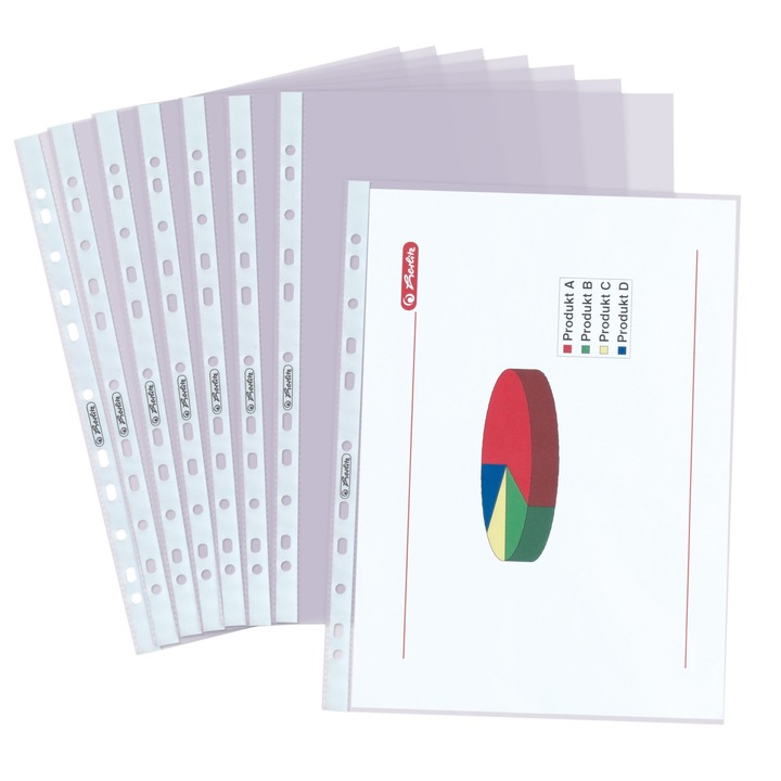 Védőfólia dokumentumokhoz, Herlitz, Premium, A4 formátumú, szemcsés, átlátszó, megerősített élekkel, kapacitása 50 lap, 10 darabos készlet