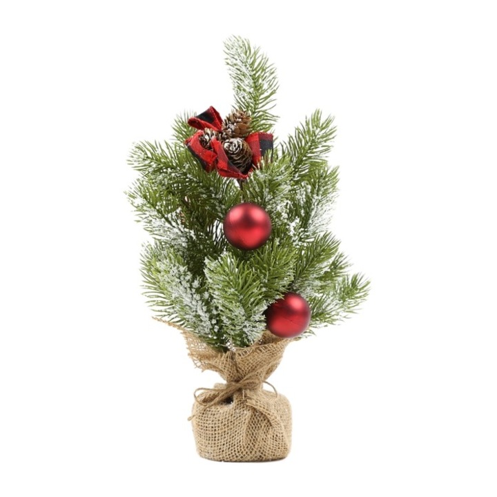 Bradut decorativ de Craciun Antbro® cu aspect nins, globuri rosii si fundita, 35 cm