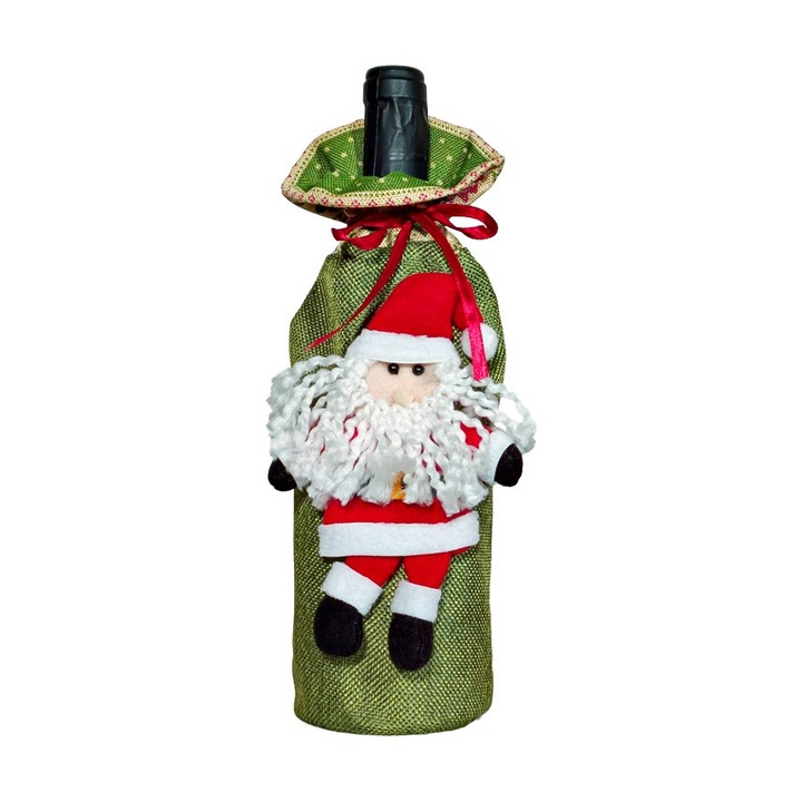 Decoratiune pentru Sticla de Vin, Tema Craciun, Model Mos Craciun, 14 x 29 cm, Verde