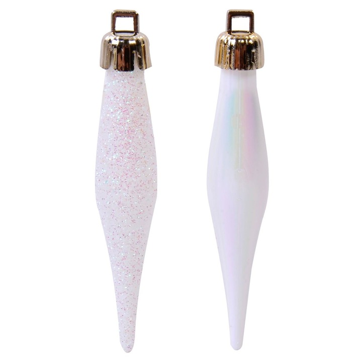 Set 18 globuri in forma de stalactite albe de Craciun, Lioness, 8 cm