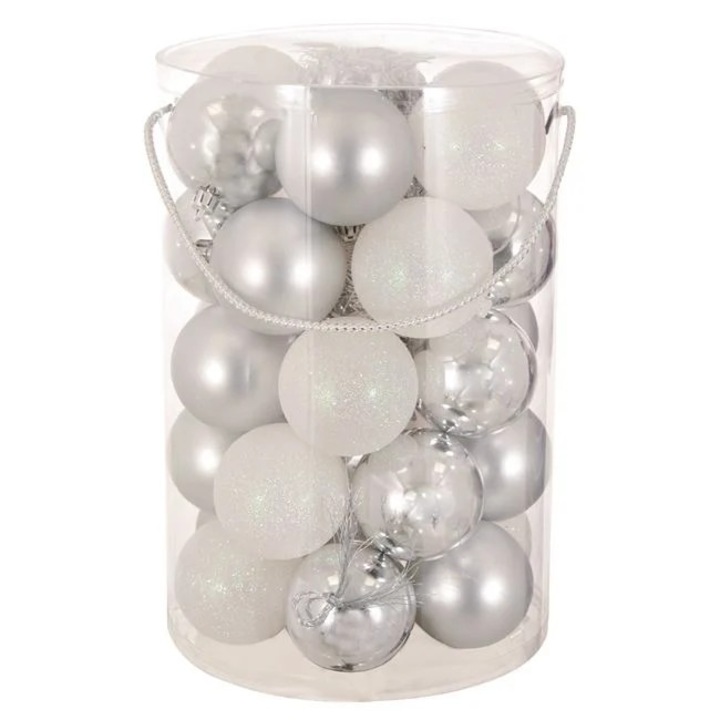 Set 30 Globuri Craciun Antbro® culoare argintie si albe, mate, stralucitoare, glitter, beteala, 7cm