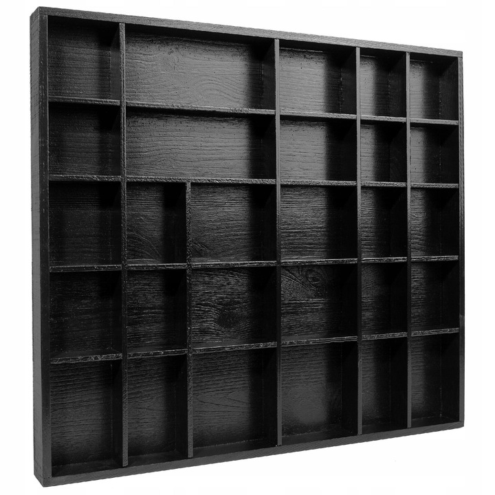Fali tárolás Hirdetőtábla, Creative Deco, fekete fa polcos, vitrines állvány elválasztókkal, 28 rekeszes, 44, 5 x 40 x 3 cm, kirakat ékszerdoboz és dekoráció