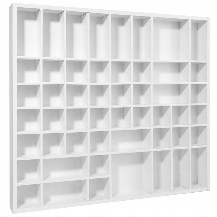 Fali tárolás Hirdetőtábla, Creative Deco, fehér fa polcos, vitrines állvány elválasztókkal, 51 rekeszes, 52 x 46 x 5 cm, kirakat ékszerdoboz és dekoráció