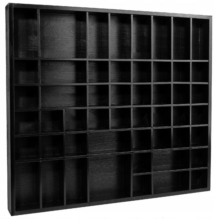 Fali tárolás Hirdetőtábla, Creative Deco, fekete fa polcos, vitrines állvány elválasztókkal, 51 rekeszes, 52 x 46 x 5 cm, kirakat ékszerdoboz és dekoráció
