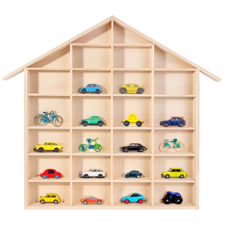 Fali tárolás Hirdetőtábla, Creative Deco, House formájú fa polcos, vitrines állvány elválasztókkal, 51 rekeszes, 52 x 46 x 5 cm, kirakat ékszerdoboz és dekoráció