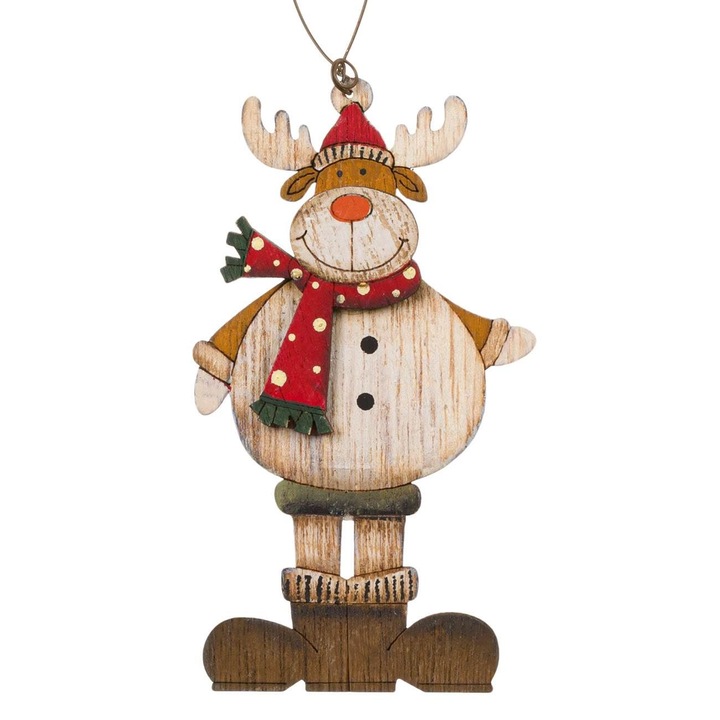 Ornament Craciun, Vintage, Cerb Lemn, Fular Rosu, 11.5cm, MYONNA IT & E- COMMERCE ®