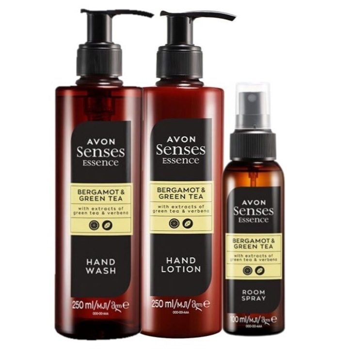 Set Senses Essence Bergamot & Green Tea, Avon - Lotiune de maini 250 ml, Sapun lichid 250 ml, Spray de camera 100 ml