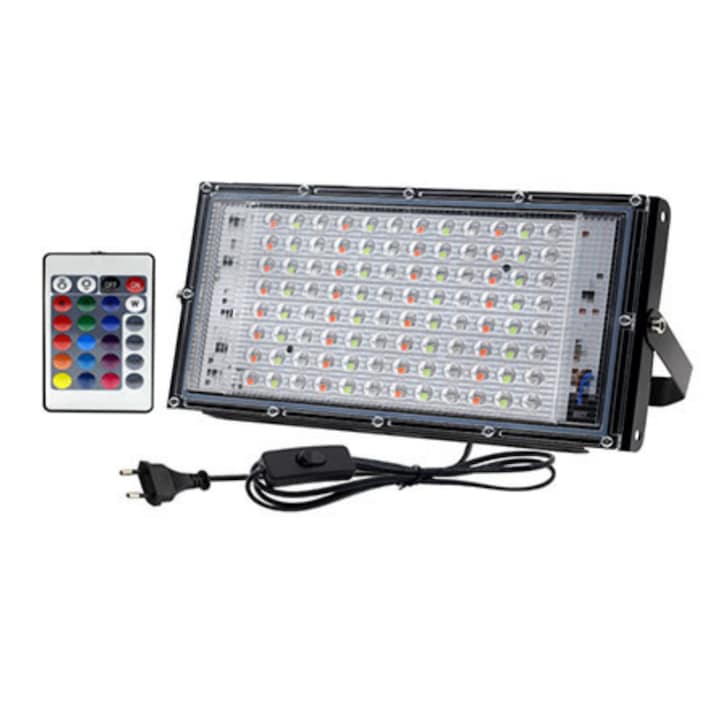 Proiector LED, RGB sapte culori, rezistent la apa, disipare rapida a caldurii, reglare multiangulara, 100W, negru