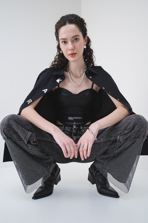 KARL LAGERFELD JEANS, Top crop de piele ecologica, Negru, XL