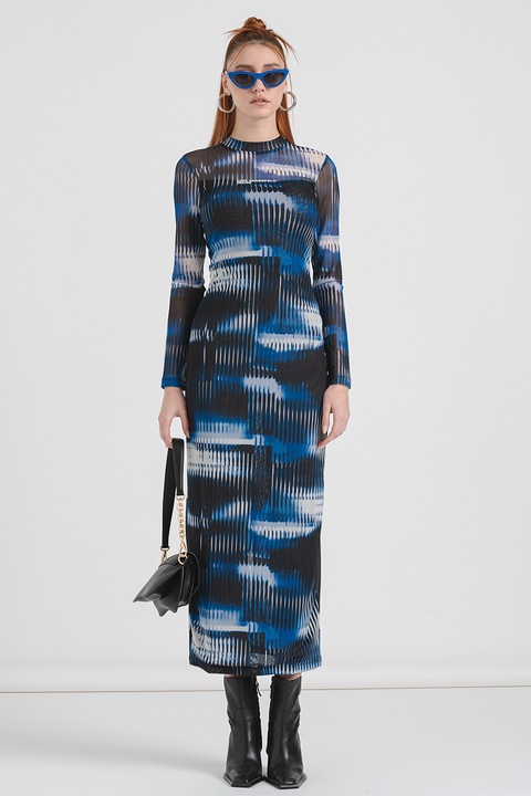 KARL LAGERFELD JEANS, Kerek nyakú mintás maxiruha, Pasztellkék/Sötétkék/Fehér