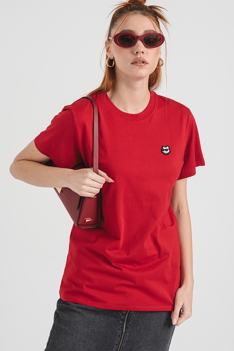 Karl Lagerfeld, Tricou de bumbac cu decolteu la baza gatului, Rosu/Negru