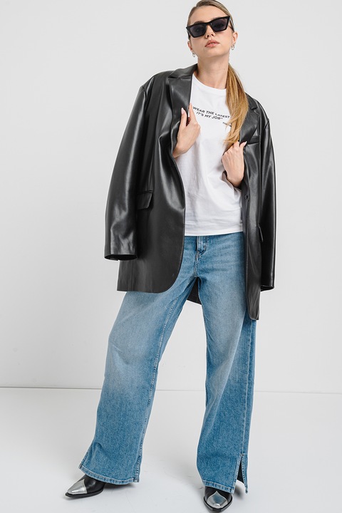 Karl Lagerfeld, Tricou regular fit de bumbac organic cu imprimeu text, Negru stins/Alb optic