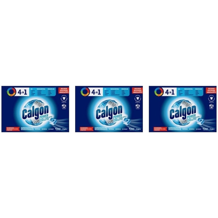 Set 3 x Calgon Anticalcar 30buc Tablete, fresh aroma, parfum floral, distruge calcarul, rapid si eficient, testat dermatologic, prospetime de lunga durata, eficacitate maxima, continut generos, elimina mirosuri neplacute