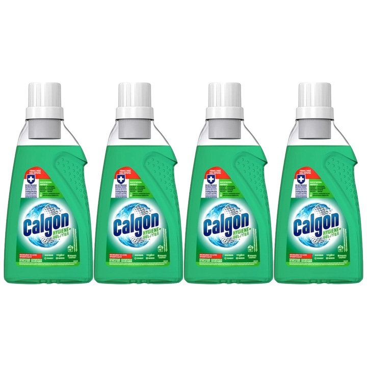 Set 4 x Calgon Anticalcar Gel 750ml Hygiene+, fresh aroma, parfum floral, distruge calcarul, rapid si eficient, testat dermatologic, prospetime de lunga durata, eficacitate maxima, continut generos, elimina mirosuri neplacute