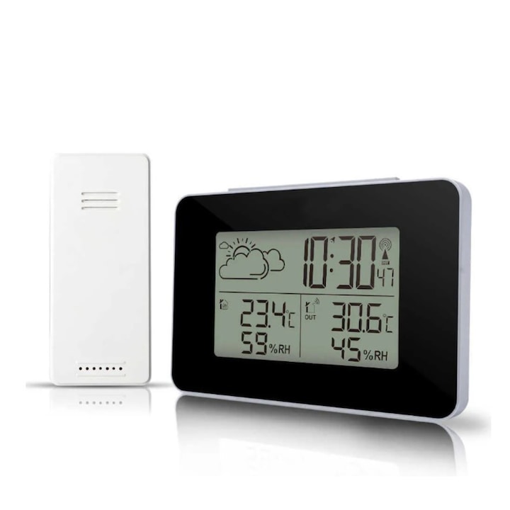 Дигитален термометър и хидрометър MILARIS®, Метеорологична станция, Часовник с многофункционален цифров дисплей, Прогноза за времето, Календар, Функция Snooze, Безжичен сензор, Външна/вътрешна температура, Осветление на дисплея, Черен