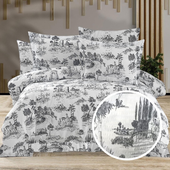 Dupla ágynemű Creponata 100% pamut, lepedő 200x230 cm, paplan 180x215 cm, 2 párnahuzat 50x70 cm, Krém-szürke, Pucioasa