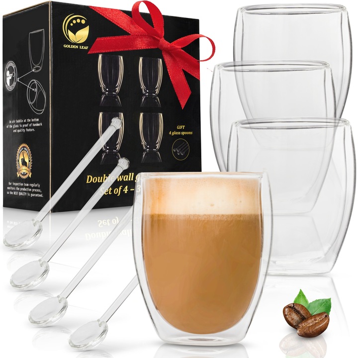 4 db duplafalú üvegpohár teához, cappuccinohoz, lattéhoz, eszpresszóhoz, kávéhoz, modern design, 350ml, átlátszó
