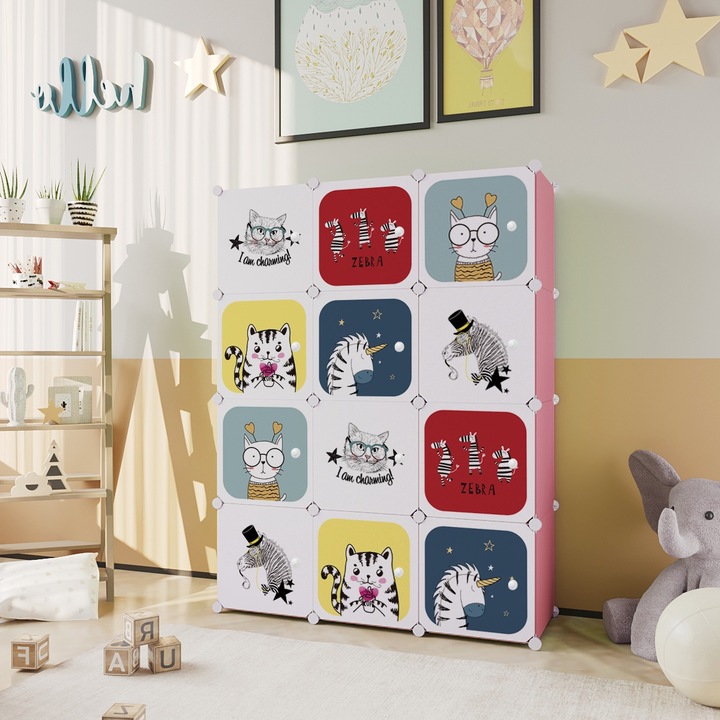 Детски модулен гардероб, 12 отделения, Naimeed D6864, 148x110x37 см, розов