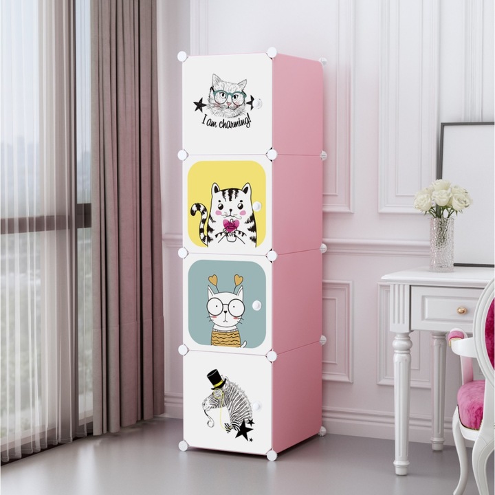 Dulap Modular Copii, 4 Usi, Naimeed D6849, 146x35x35 cm, Roz