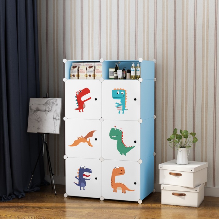 Dulap Modular Copii, 6 Usi, Naimeed D6857, 110x75x37 cm, Alb-albastru