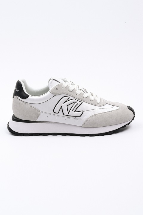 Karl Lagerfeld, Pantofi sport low-cut cu garnituri din piele intoarsa, Alb/Gri deschis