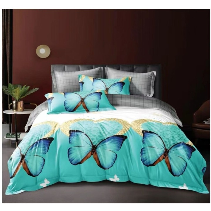 Lenjerie de pat dublu, 6 piese, 2 persoane, 180x200 cm, imprimeu 3D, multicolor