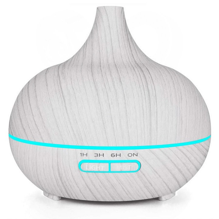 Difuzor Aromaterapie Teno®, 7 culori LED, 2 jocuri de lumini, capacitate 200ml, silentios, umidifica aerul, alb