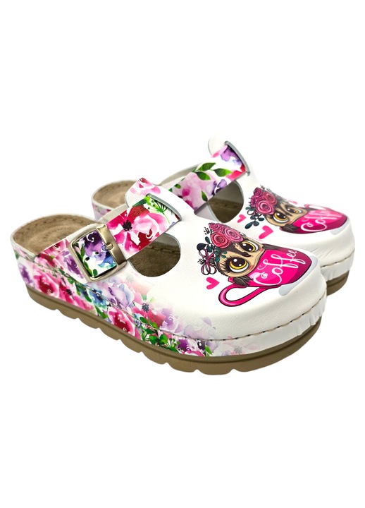 Saboti medicali Doss 516 alb cu desene bufnita dama, Alb/Roz/Multicolor, 36