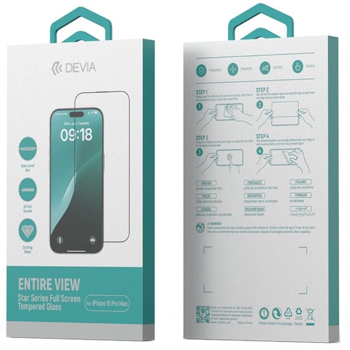 Folie de protectie Devia Sticla Star Series Full Screen Entire View pentru iPhone 16 Pro Max, Negru