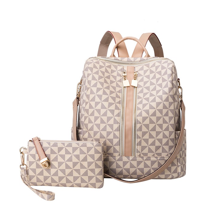 Set Rucsac dama/Portofel Dollcini piele PU Alb/Gri