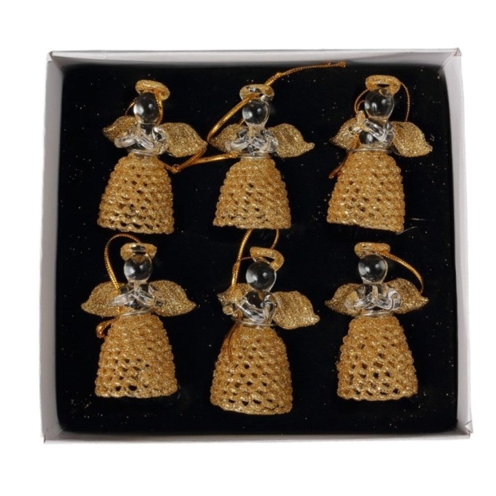 Cutie Set 6 Decoratiuni de Brad, Ingerasi Suspendati, Sticla, 6 cm Auriu