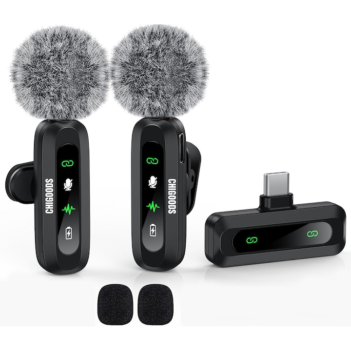 Комплект от 2 професионални петлични микрофона, CHIGOODS, 2.4G Wireless, USB Type-C, 500mAh, DSP, цифров дисплей, интервю на открито, черен