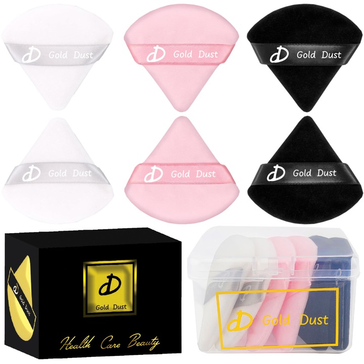 Set 6 bureti machiaj, Triunghi Reutilizabil Utilizare Uscata, Powder Puff, buretei pentru make-up, Cutie depozitare, Buretel pentru Pudra, Triunghiular, Gold Dust, alb, negru, roz