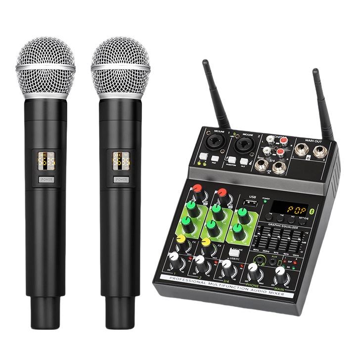 Multifunkcionális keverő, 4 csatorna vezeték nélküli mikrofonnal, számítógépes hangkártya, éneklés és felvétel, konferencia házigazda, kis élő adás, USB / Type-c interfész, Bluetooth mikrofon, fekete