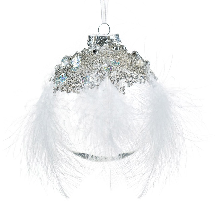 Ornament brad de craciun glob transparent cu strass argintiu & pene albe 10cm
