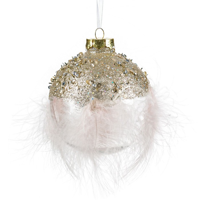 Ornament brad de craciun glob transparent cu strass auriu & pene roz 8cm