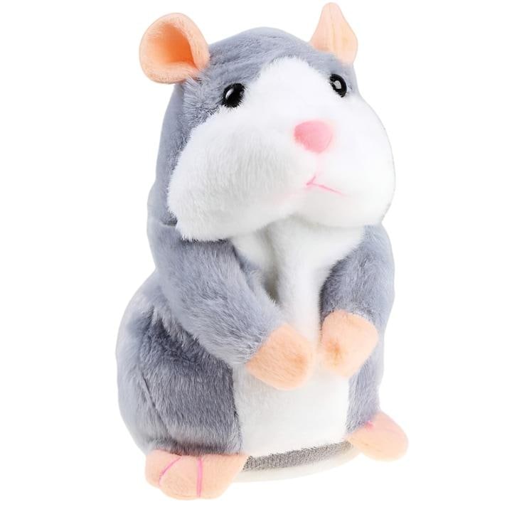 Jucarie distractiva hamster care vorbeste cu copilul, Omna, Repeta ce-i spui si se misca, Voce amuzanta, 15cm, Gri