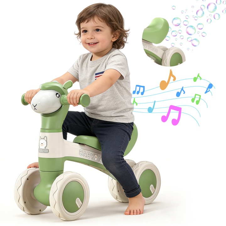 Bicicleta fara pedale, Wacorresi, Bicicleta de echilibru cu 4 roti, muzica si lumini, Bulele pot fi pulverizate, pentru copii, 12 - 36 luni, pentru interior / exterior, verde