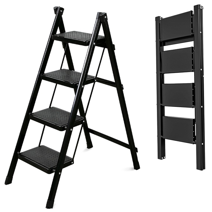 Scara pliabila, Wacorresi, cu 4 trepte late, suport triunghiular, maxim 150 kg, tip pliabila, compacta, antiderapant, 98 x 62 x 42CM, negru