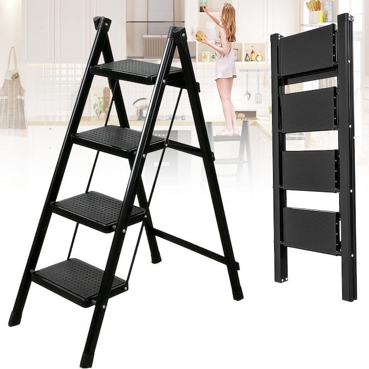 Scara pliabila, Wacorresi, cu 4 trepte late, suport triunghiular, maxim 150 kg, tip pliabila, compacta, antiderapant, 98 x 62 x 42CM, negru