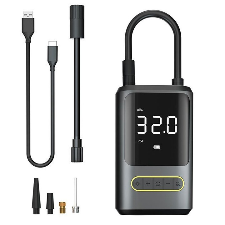 Légszivattyú elektromos járművekhez, ZOUN, LCD kijelző, 4000mAh, mobiltelefon töltési lehetőség, légnyomás mérés, 4 felfújási mód, LED zseblámpa, USB töltés, fekete