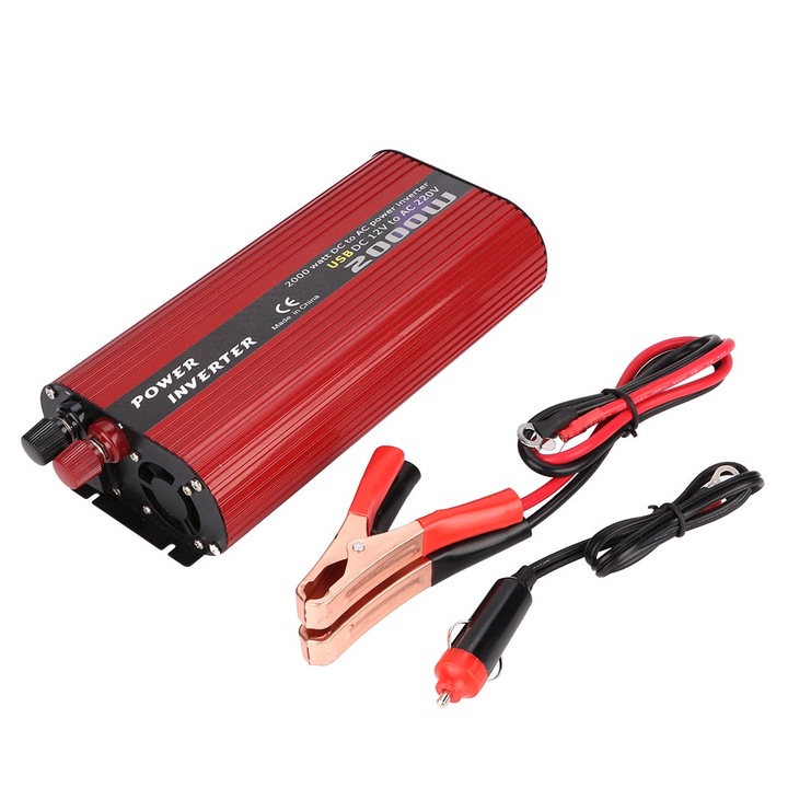 Jormftte 2000W autós inverter 2 USB porttal, 12V-220V, intelligens hűtőrendszer, LED kijelző