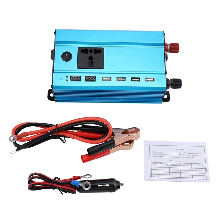 Jormftte 12V-ról 220V-ra átalakító LED kijelzővel, 4 USB porttal, 500W, alumíniumötvözet ház