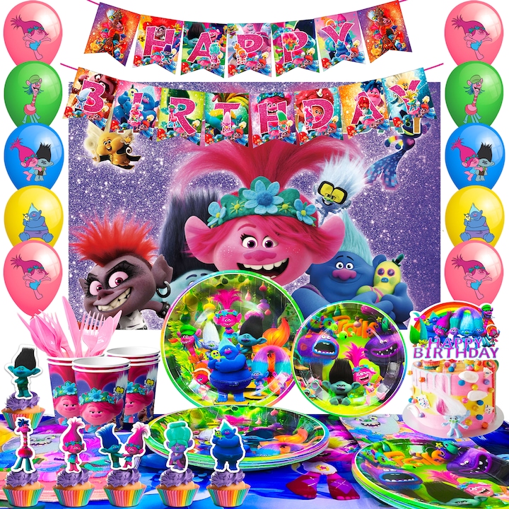 Комплект за декорация на парти Trolls, InBoxxarty, 112 части, банер Честит рожден ден, покривка за маса, чаши, чинии, салфетки, прибори за хранене, балони, топери, многоцветни